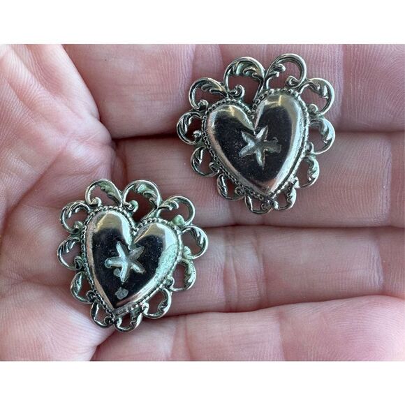 Silver Tone Ornate Framed Heart Stud Earrings - Picture 3 of 4